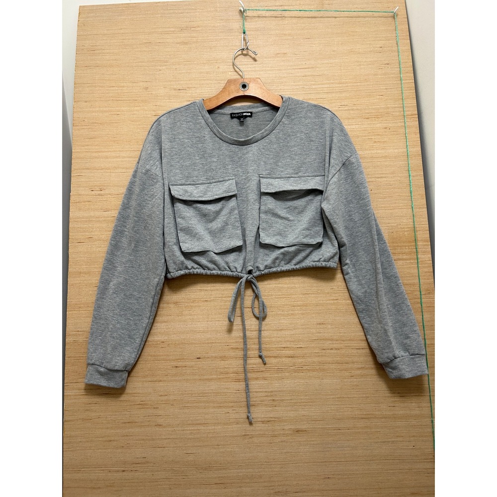 Fashion Nova Mens Heather Gray Cropped Utility‎ Sweatshirt Drawstring Waist M